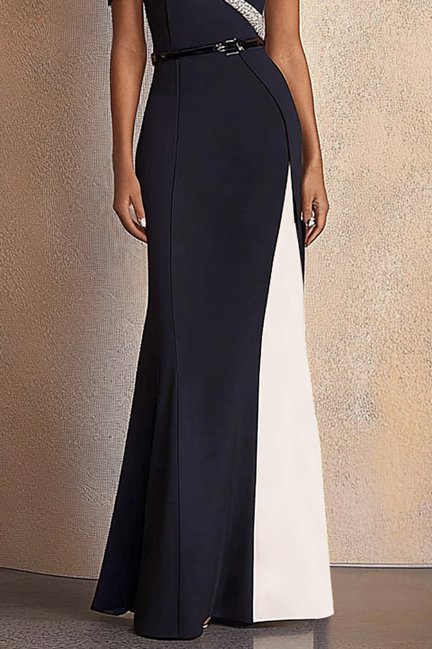 Formal Evening Dress Black White Colorblock Belt Floor-Length Dress