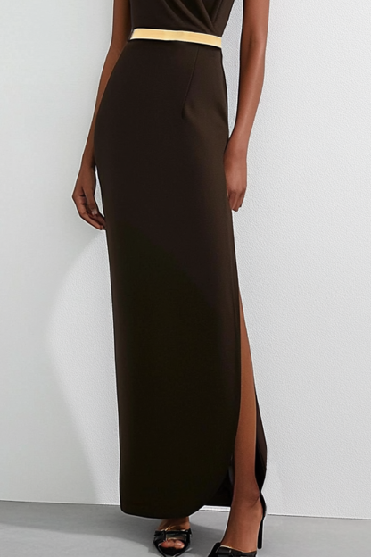 Formal Evening Dress Black Asymmetrical Neck Sleeveless Side Slit Maxi Dress