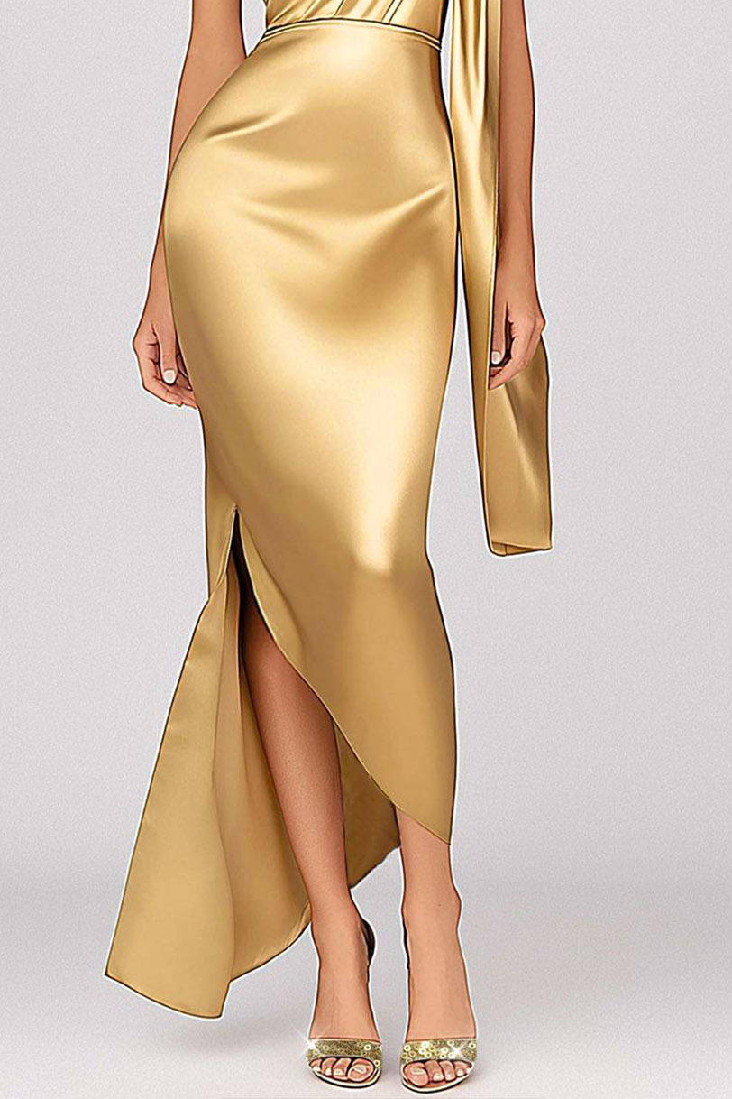 Elegant Gold Dress One Shoulder Tie Satin Sequin Midi Dress