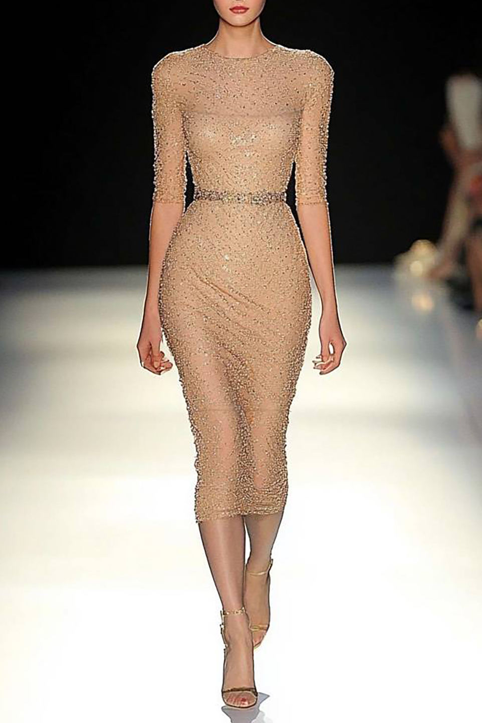 Party Sequin Dress Light Brown Round Neck Half-Sleeve Midi Dress