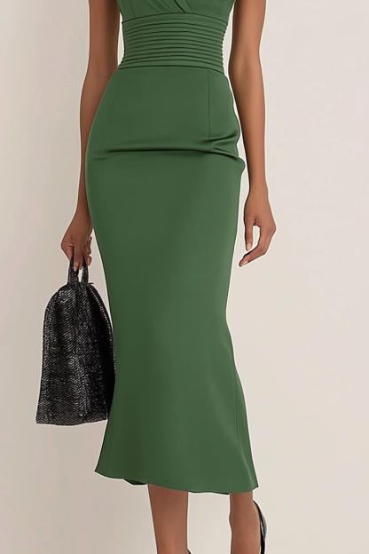 Work Semi-Formal Dress Green Sleeveless Ruffle Fitted Midi Dress