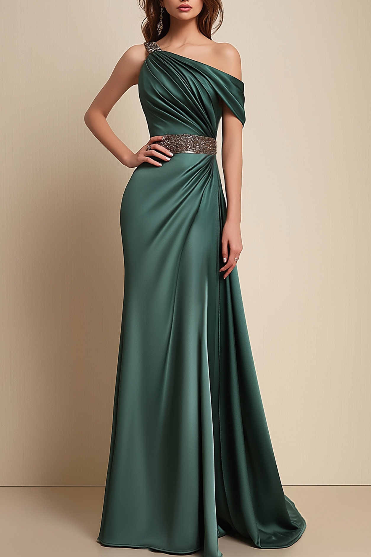 Formal Dress Green One-Shoulder Rhinestone Waist Belt Floor-Length Dress