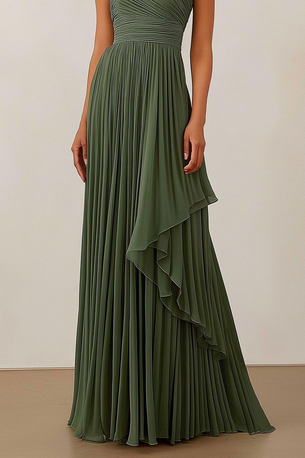 Formal Evening Dress Green Ruched Asymmetrical Floor-Length Gown