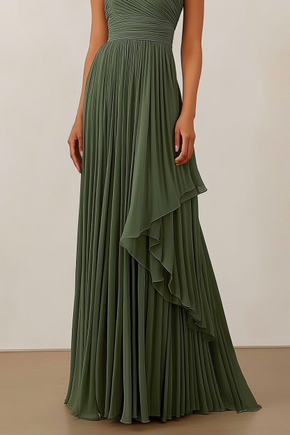 Formal Evening Dress Green Ruched Asymmetrical Floor-Length Gown