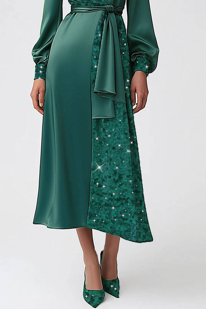 Daily Dark Green Dress V-neck Satin Sequins Splicing Decoration Midi Dress