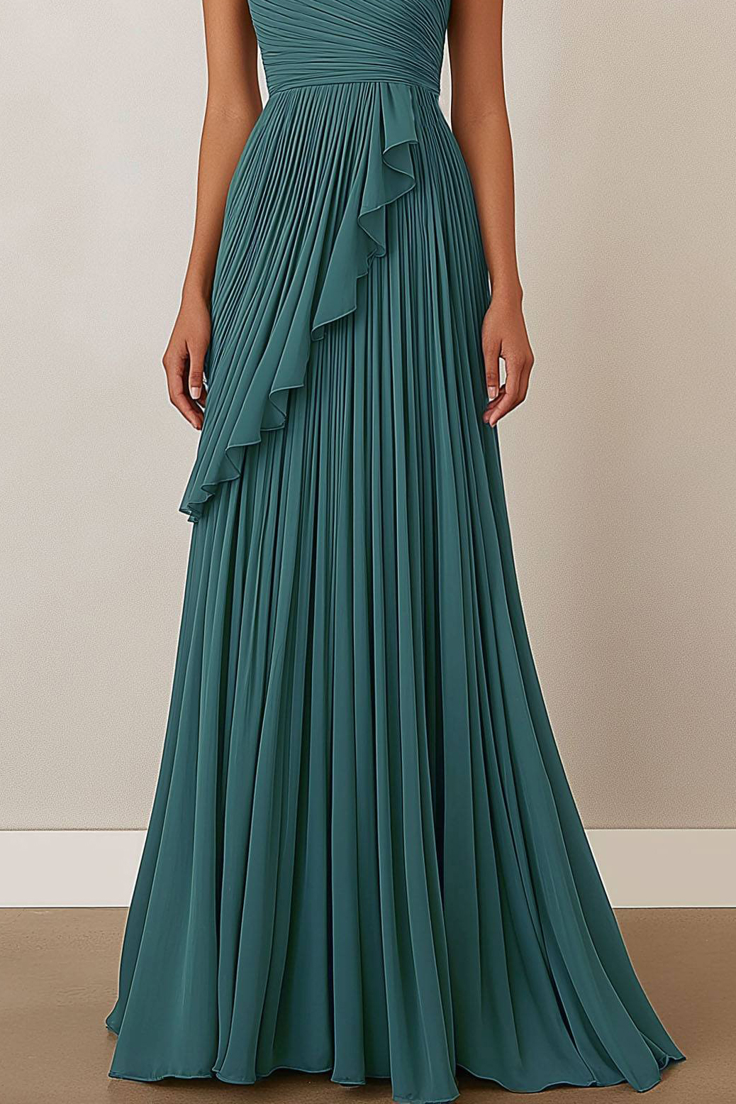 Formal Evening Dress Teal One-Shoulder Ruched Asymmetrical Floor-Length Gown