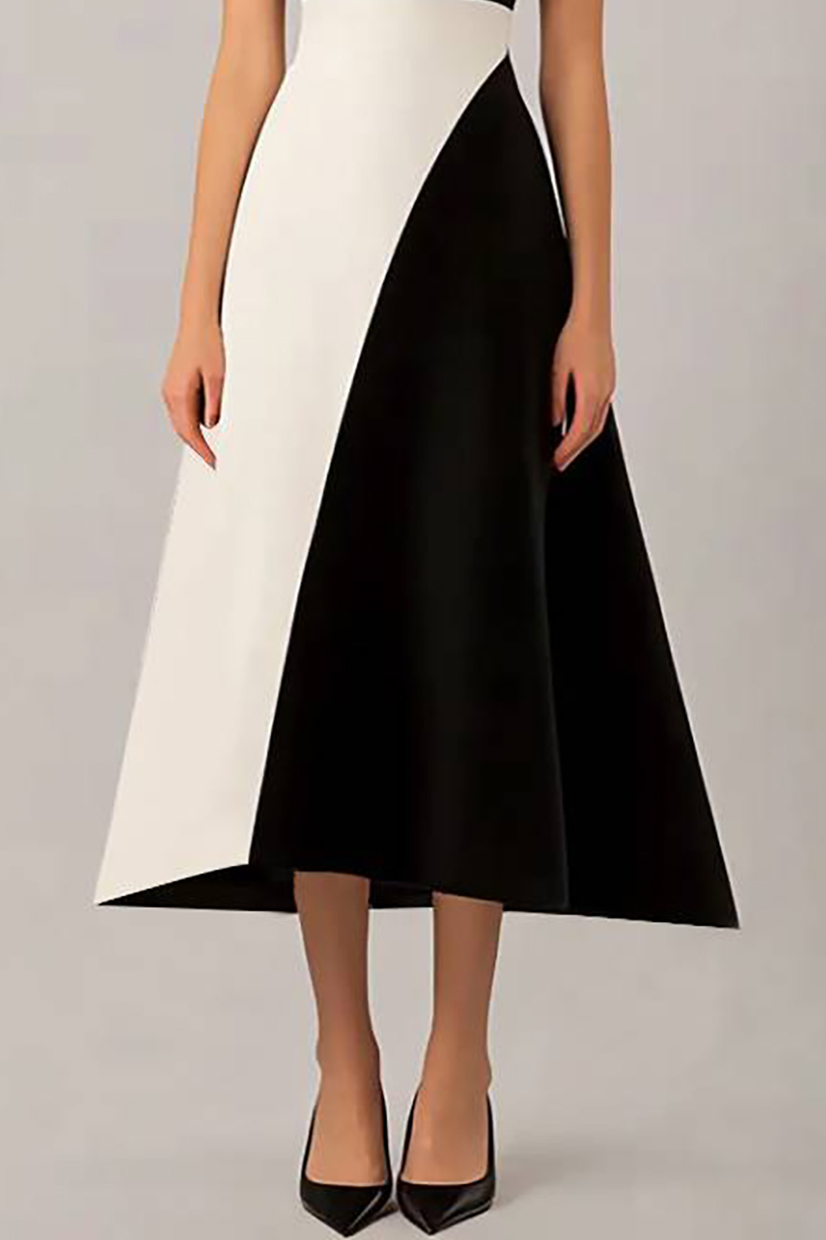 Party Semi-Formal Colorblock Dress Black White Off Shoulder Midi Dress