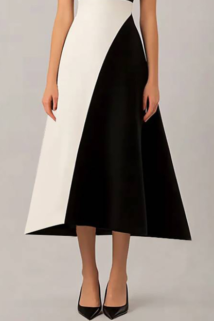 Party Semi-Formal Colorblock Dress Black White Off Shoulder Midi Dress