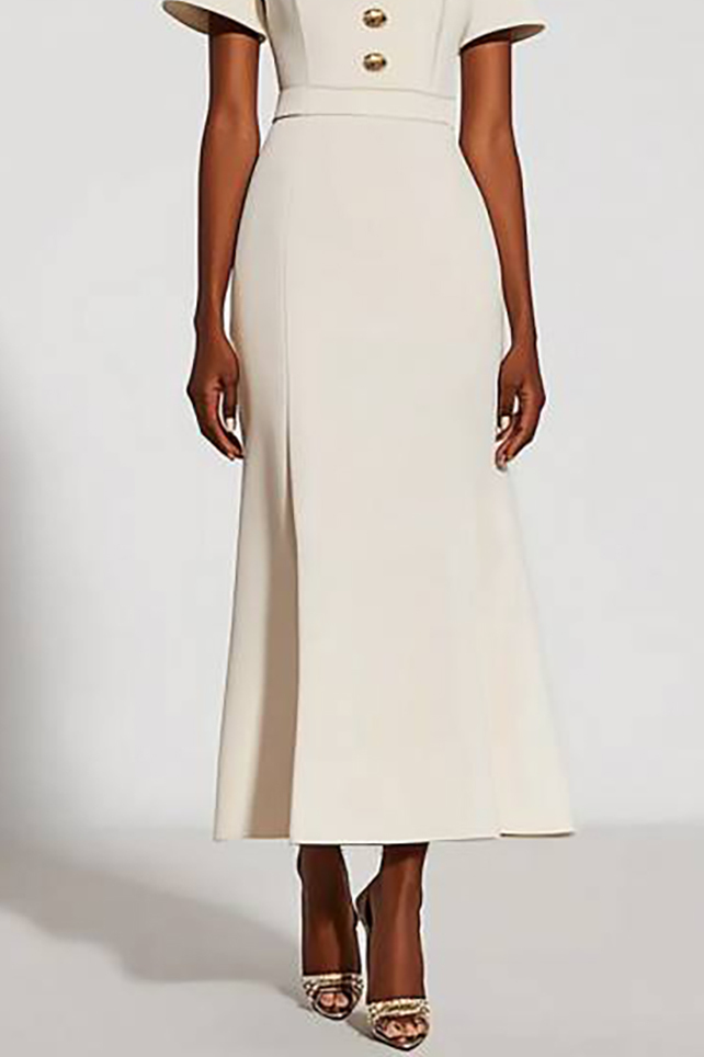 Work Semi-Formal Dress White Round Neck Button Short Sleeve Maxi Dress