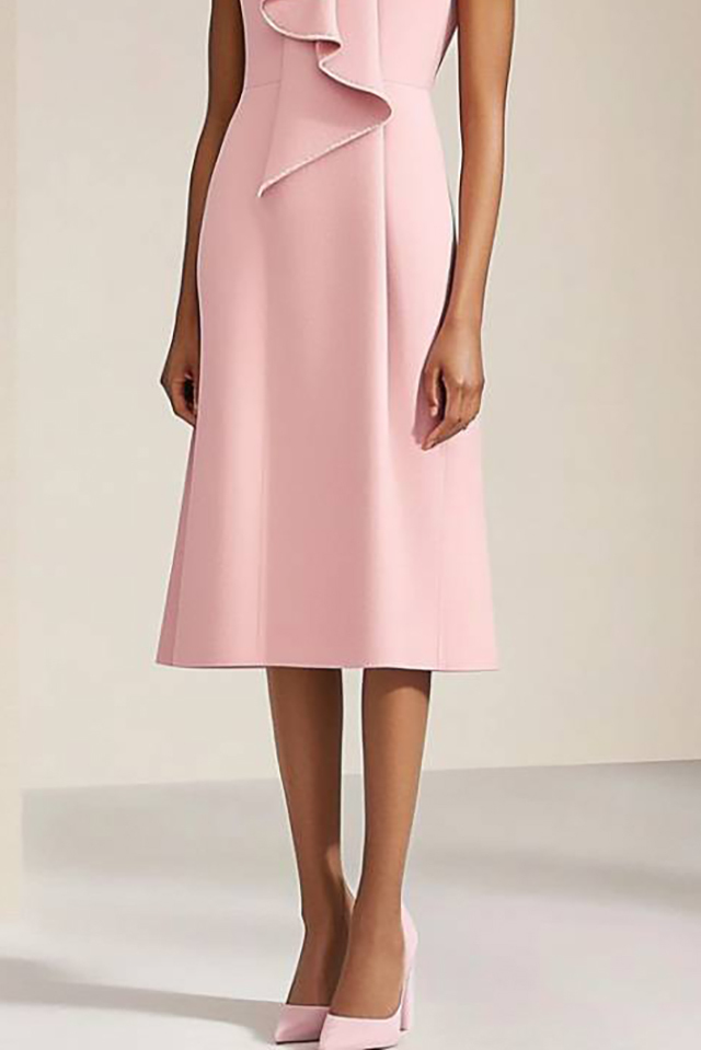 Party Cocktail Dress Pink Stand Collar Sleeveless Ruffled Knee-Length Dress