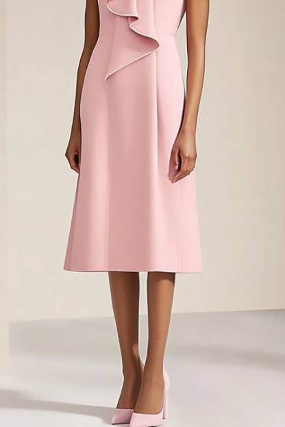 Party Cocktail Dress Pink Stand Collar Sleeveless Ruffled Knee-Length Dress