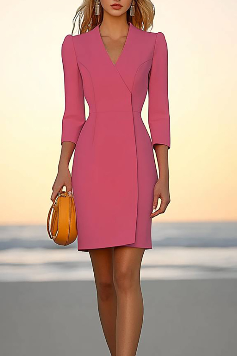 Business Semi-Formal Dress Pink V-Neck Long Sleeve Mini Dress
