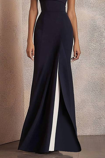 Evening Formal Colorblock Dress One Shoulder Asymmetrical Slit Maxi Dress