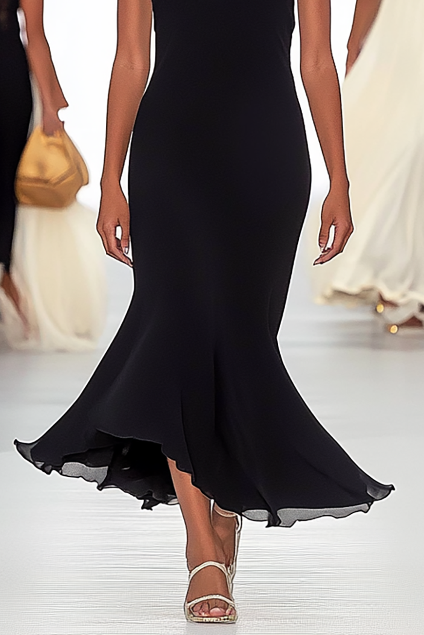 Cocktail Party Halter Dress Black V-Neck Sleeveless Chiffon Fishtail Skirt