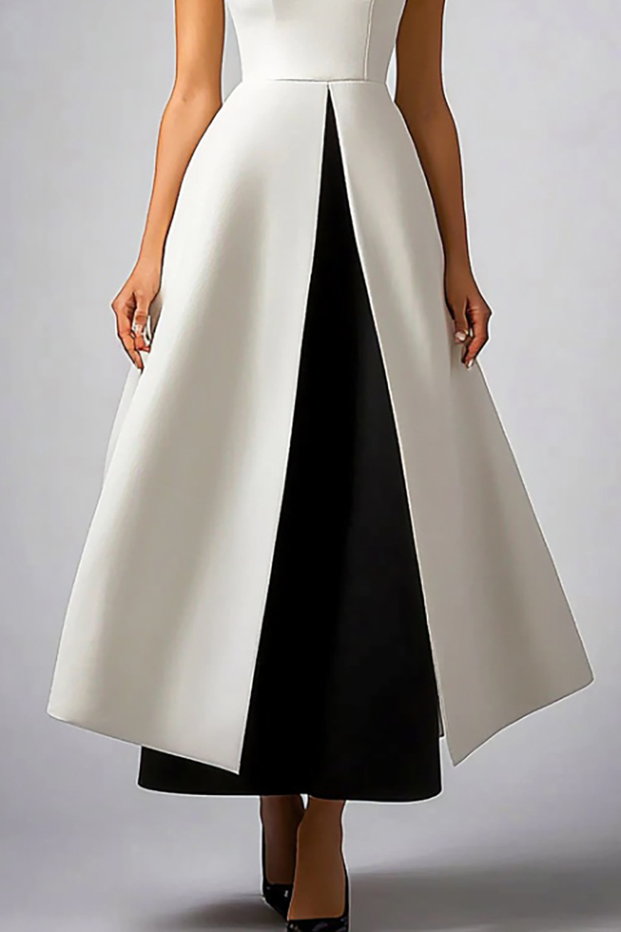 Evening Formal Dress Black White Stand Collar Sleeveless Slit Maxi Dress