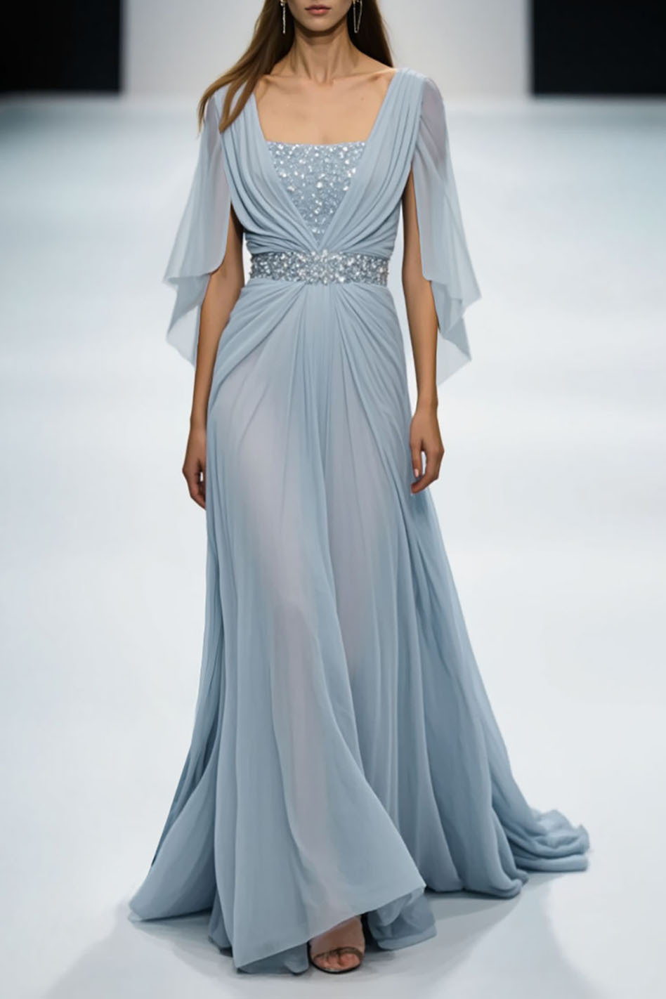 Evening Dress Light Blue Rhinestone Chiffon Floor-Length Gown