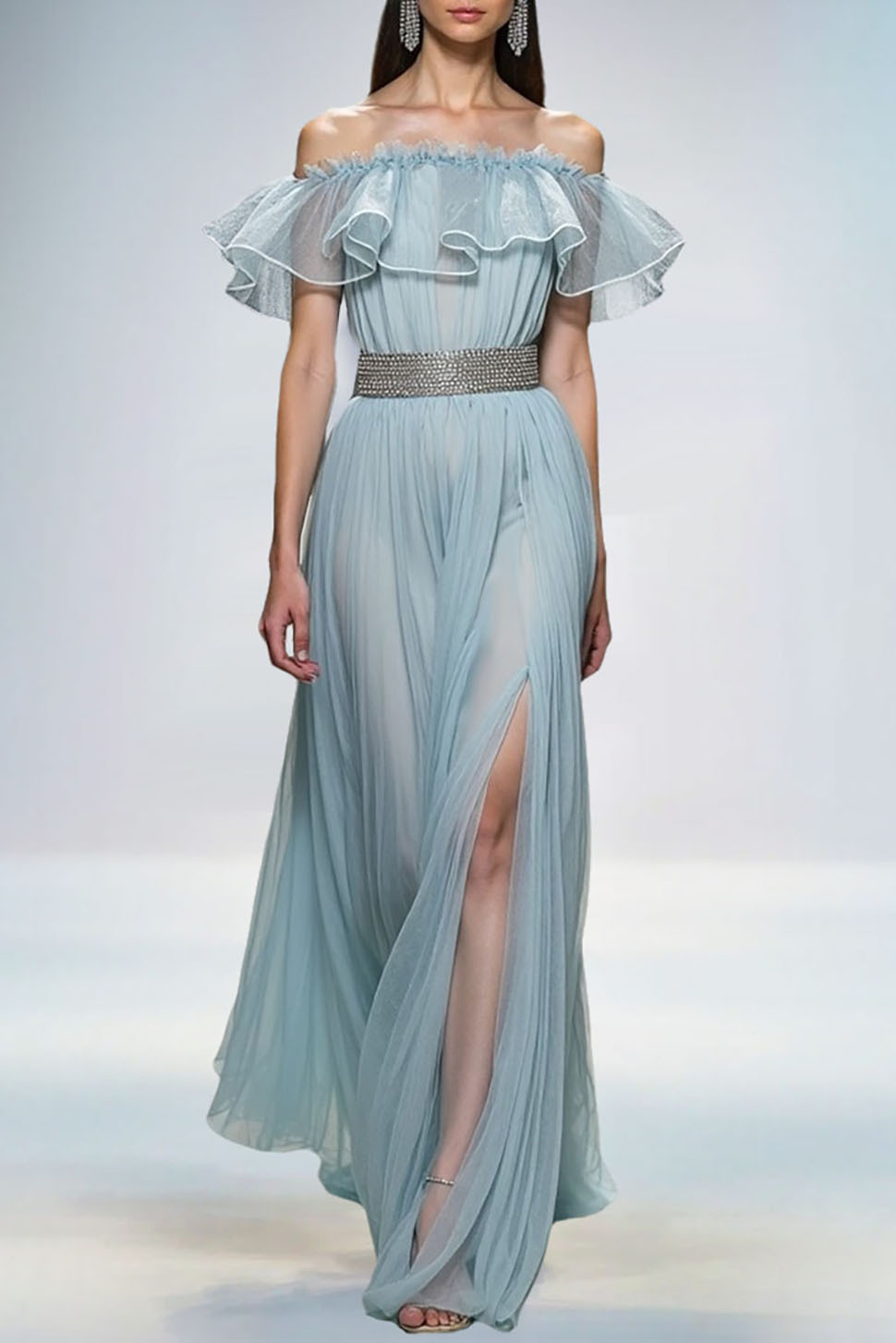 Evening Dress Light Blue Off Shoulder Ruffle Chiffon Slit Maxi Gown