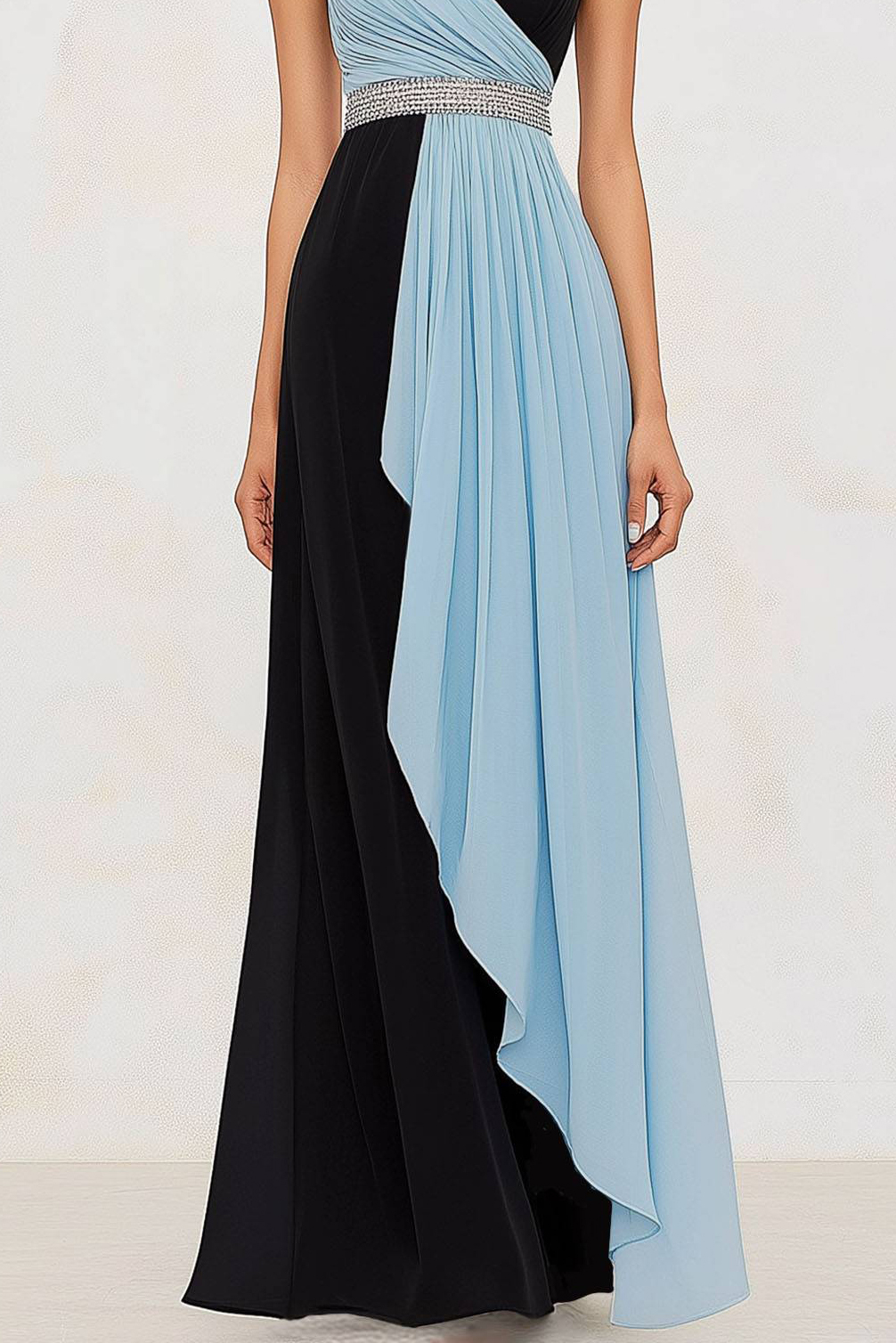 Evening Formal Dress Blue Black V-Neck Rhinestone Waistband Floor-Length Dress