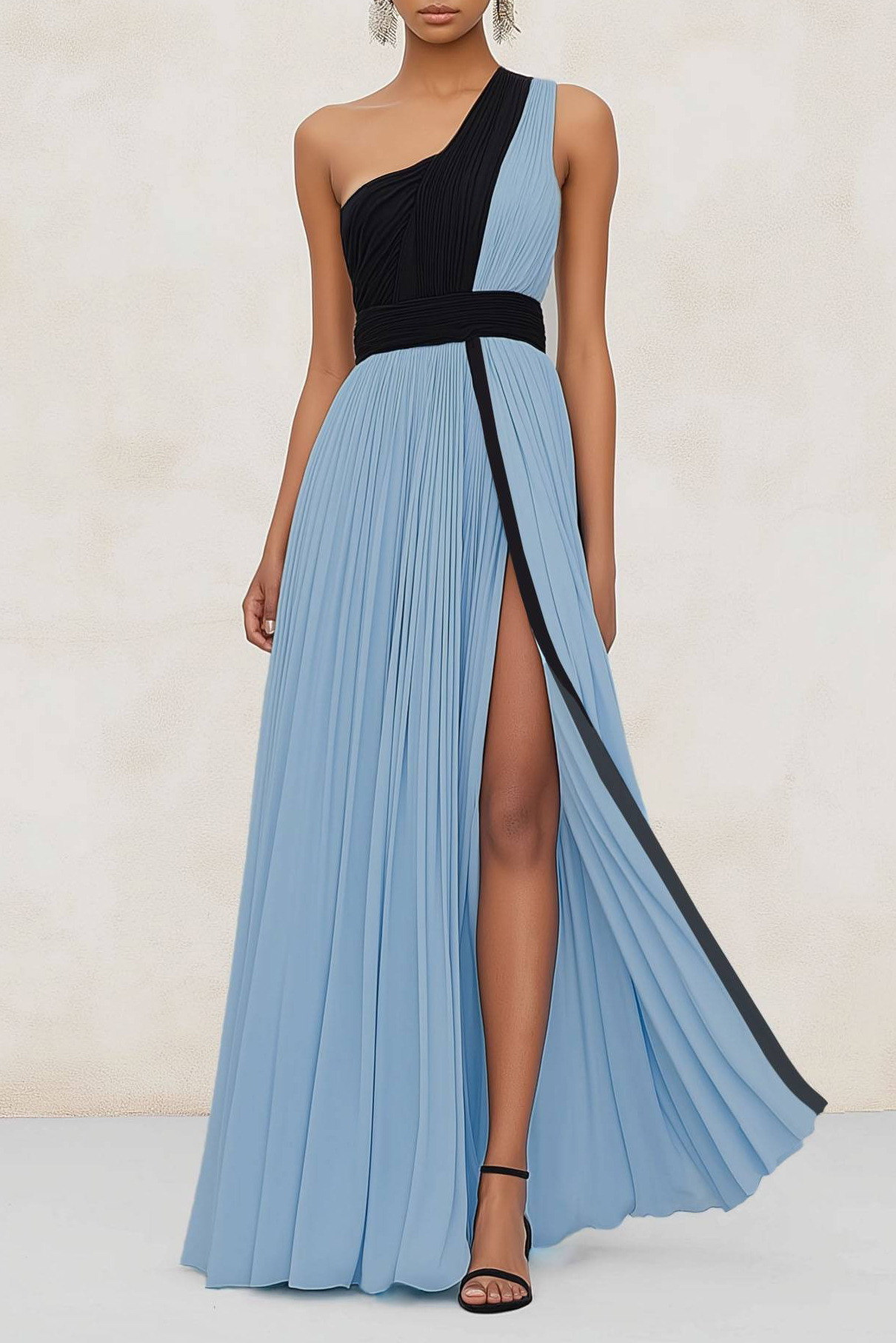 Evening Formal Dress Blue Black High Slit Pleated Floor-Length Dress