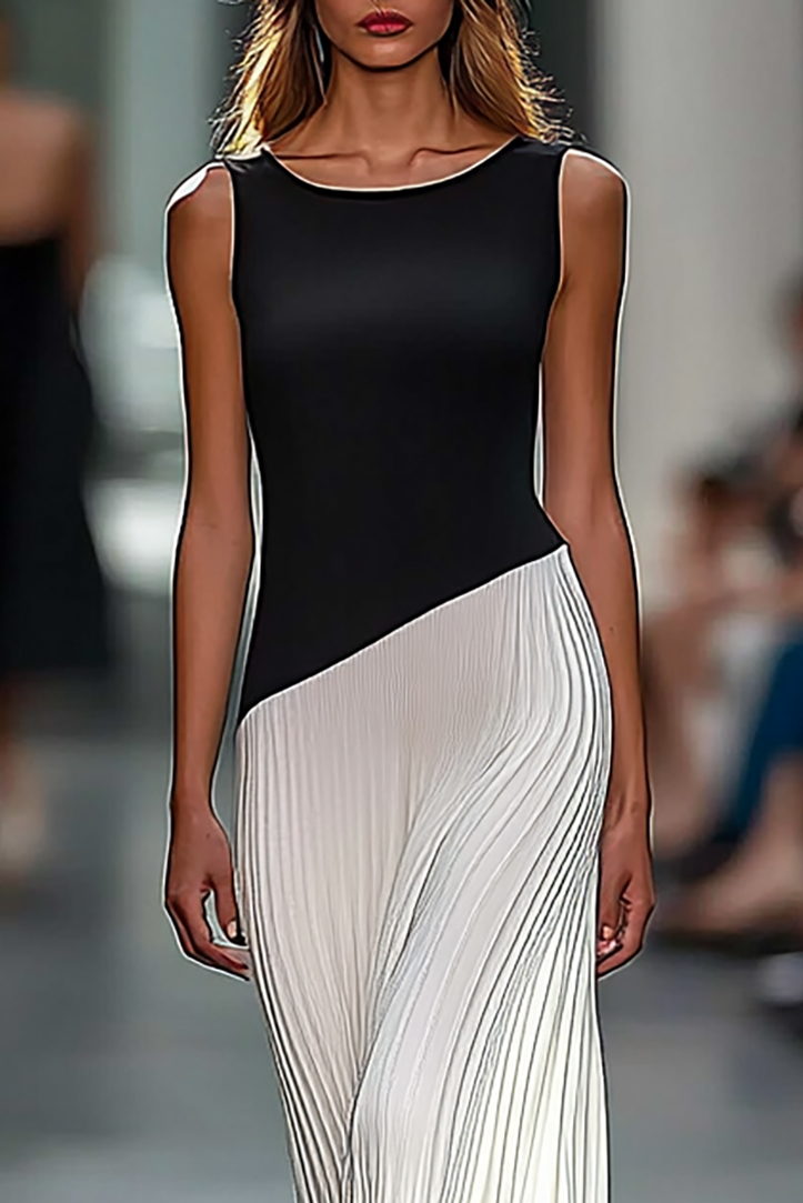 Daily Business Black and White Color Matching Dress Sleeveless Pleated Maxi Skirt