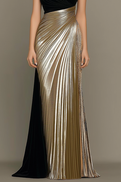 Evening Formal Dress Black Gold Metallic One-Shoulder Floor-Length Gown