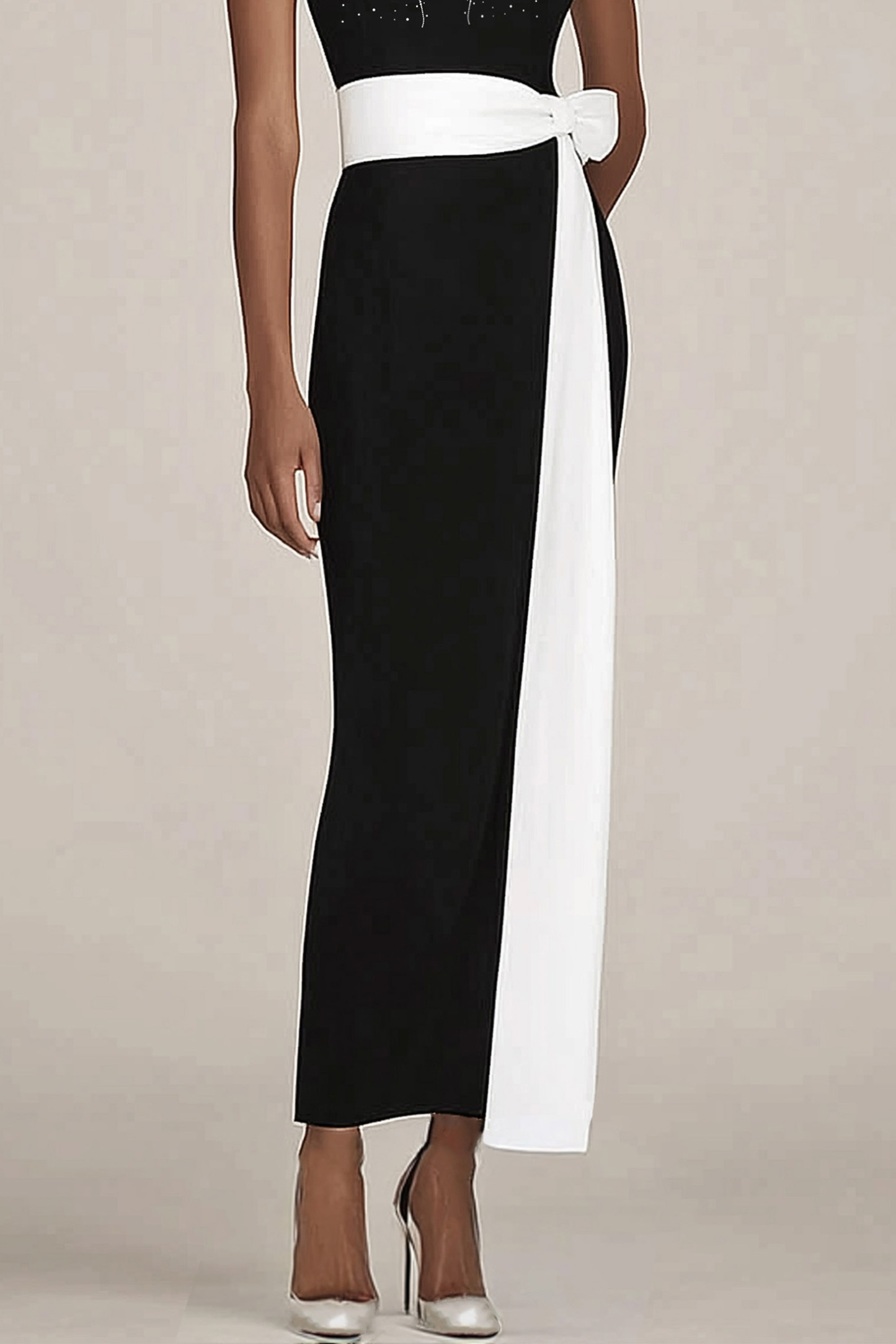 Cocktail Party Dress Black Stand Collar Rhinestone White Belt Slim-Fit Maxi Dress