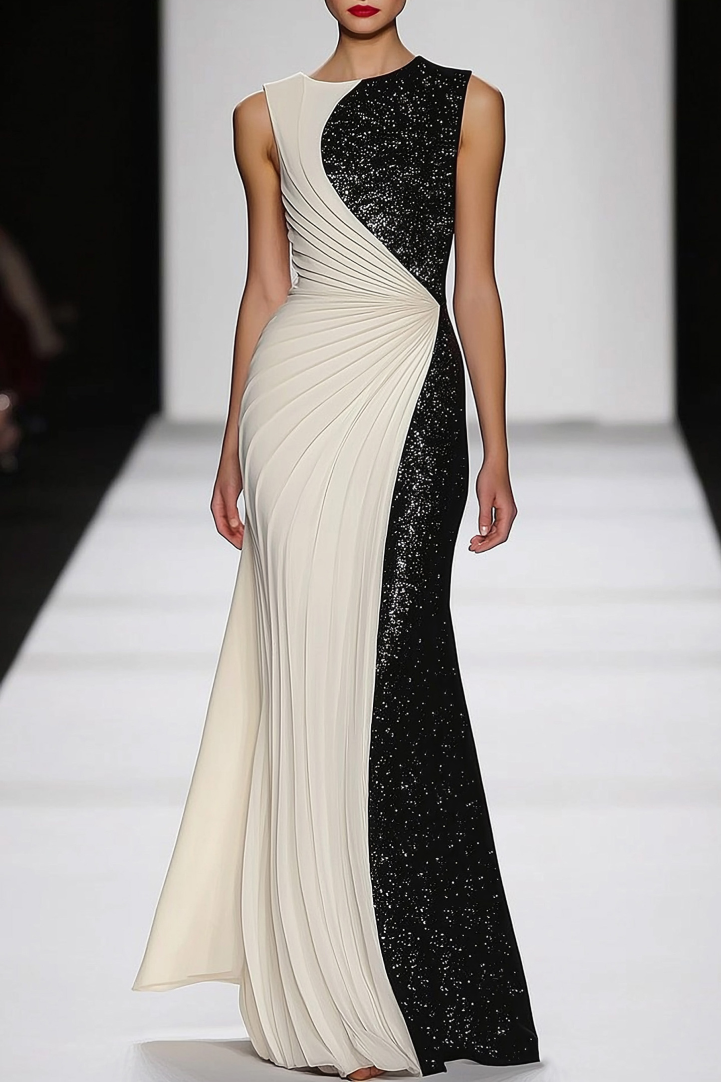 Evening Formal Dress Black White Sequin Sleeveless Floor-Length Gown