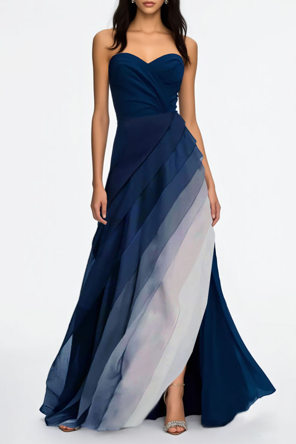 Formal Evening Dress Blue Ombre Strapless Multi-Layered Maxi Dress