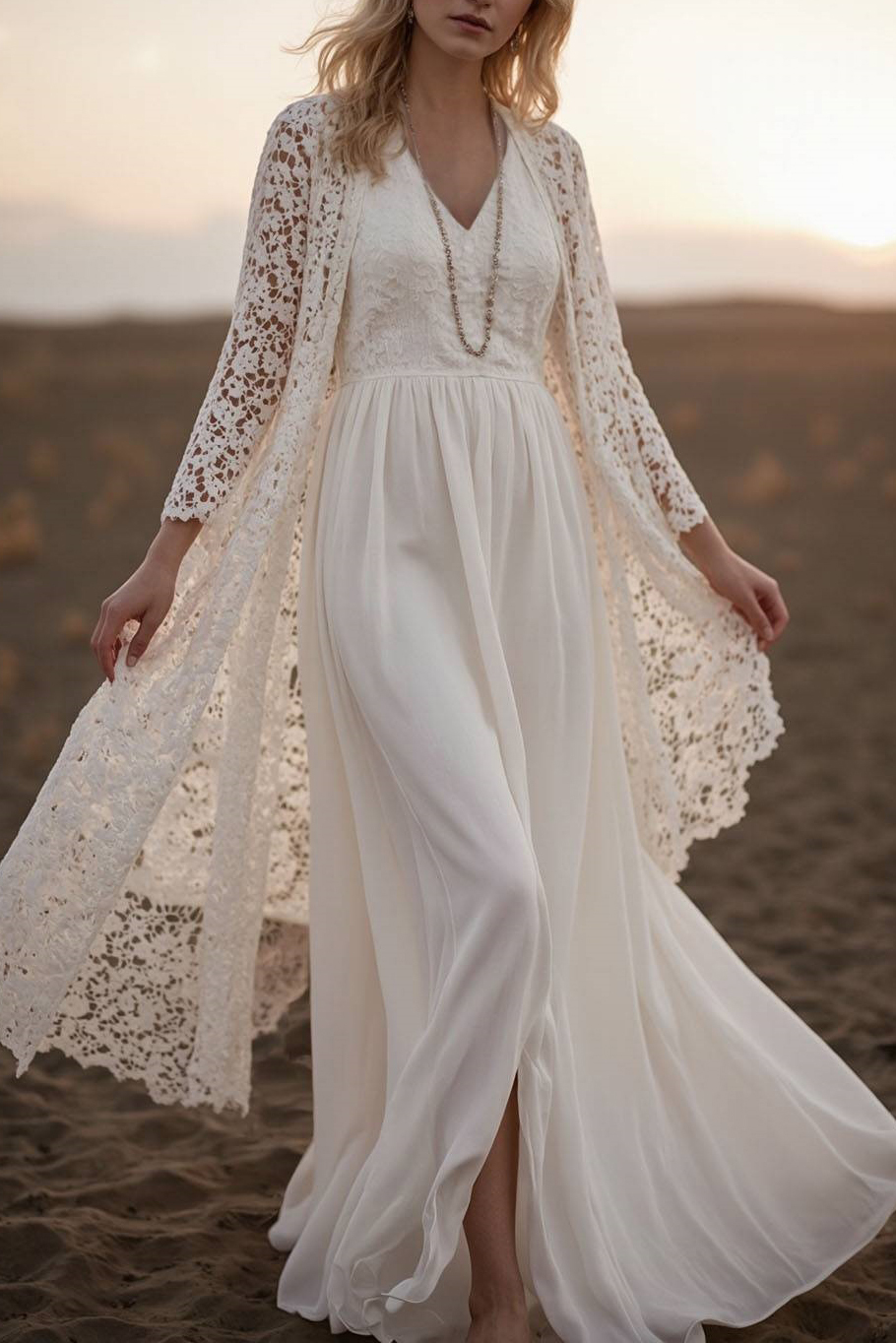 Vacation Lace Dress Set Long Sleeve Cardigan V-Neck Floor-Length Dress
