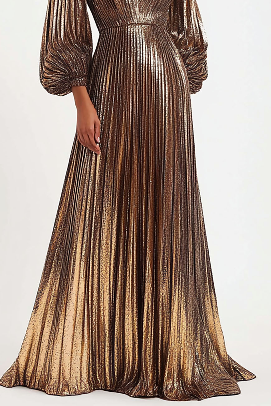 Elegant Evening Deep V Neck Dress, Puff Sleeve Long Sleeve Pleated Maxi Skirt