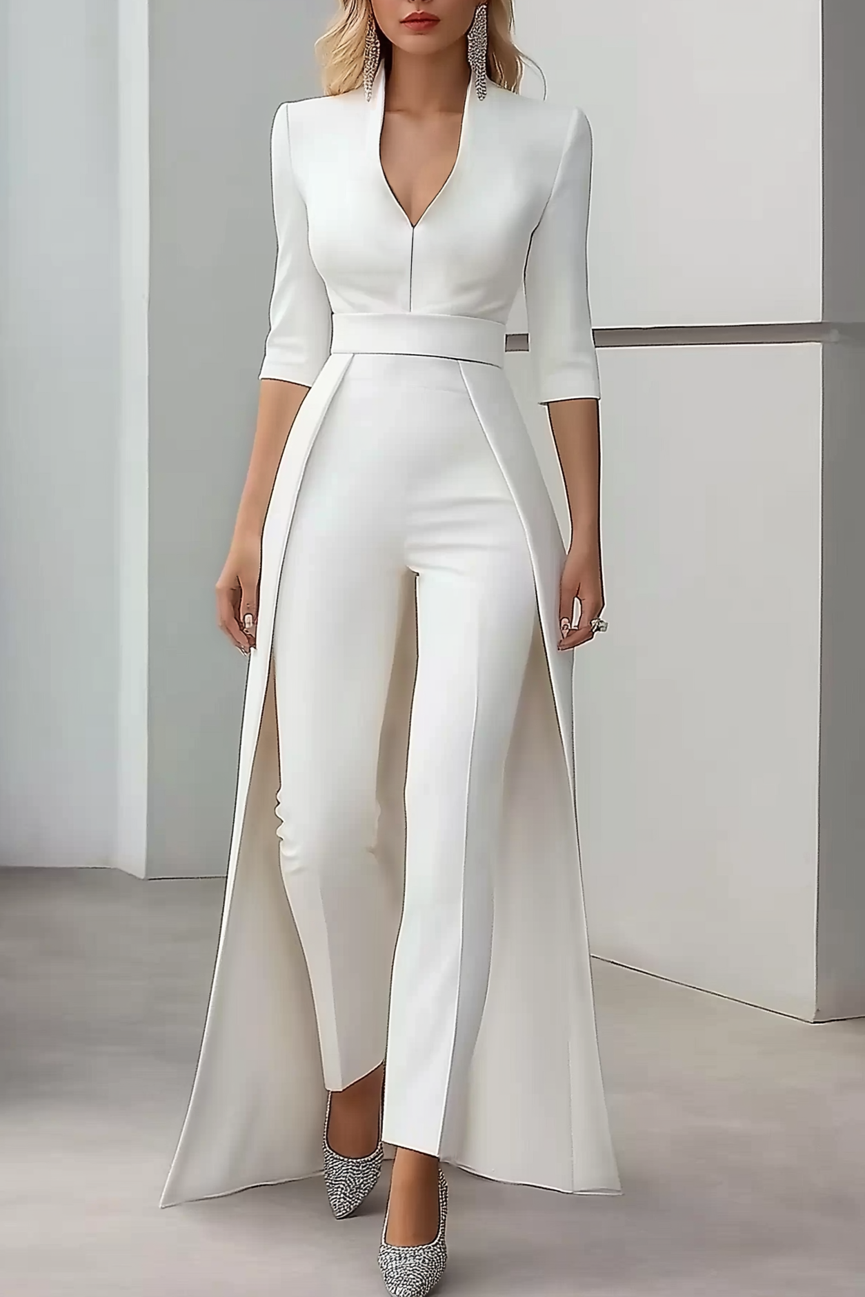 Semi-Formal Party Jumpsuit White V-Neck Half-Sleeve Cape Slim Jumpsuit