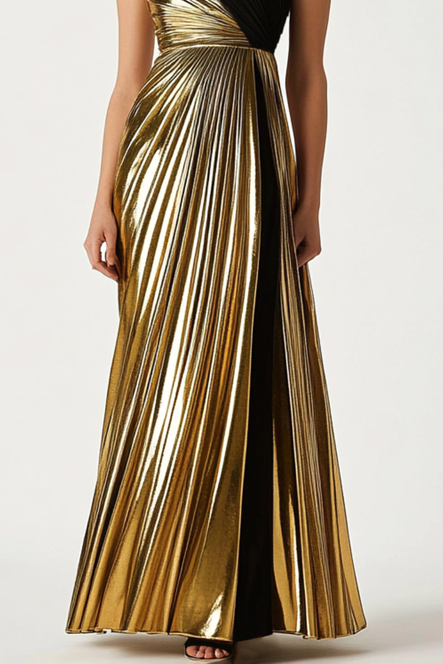 Formal Evening Dress Black Gold Metallic Sleeveless Pleated Maxi Dress