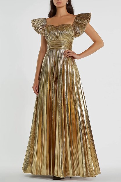 Formal Evening Dress Gold Pleated Metallic Square Neck Maxi Dress