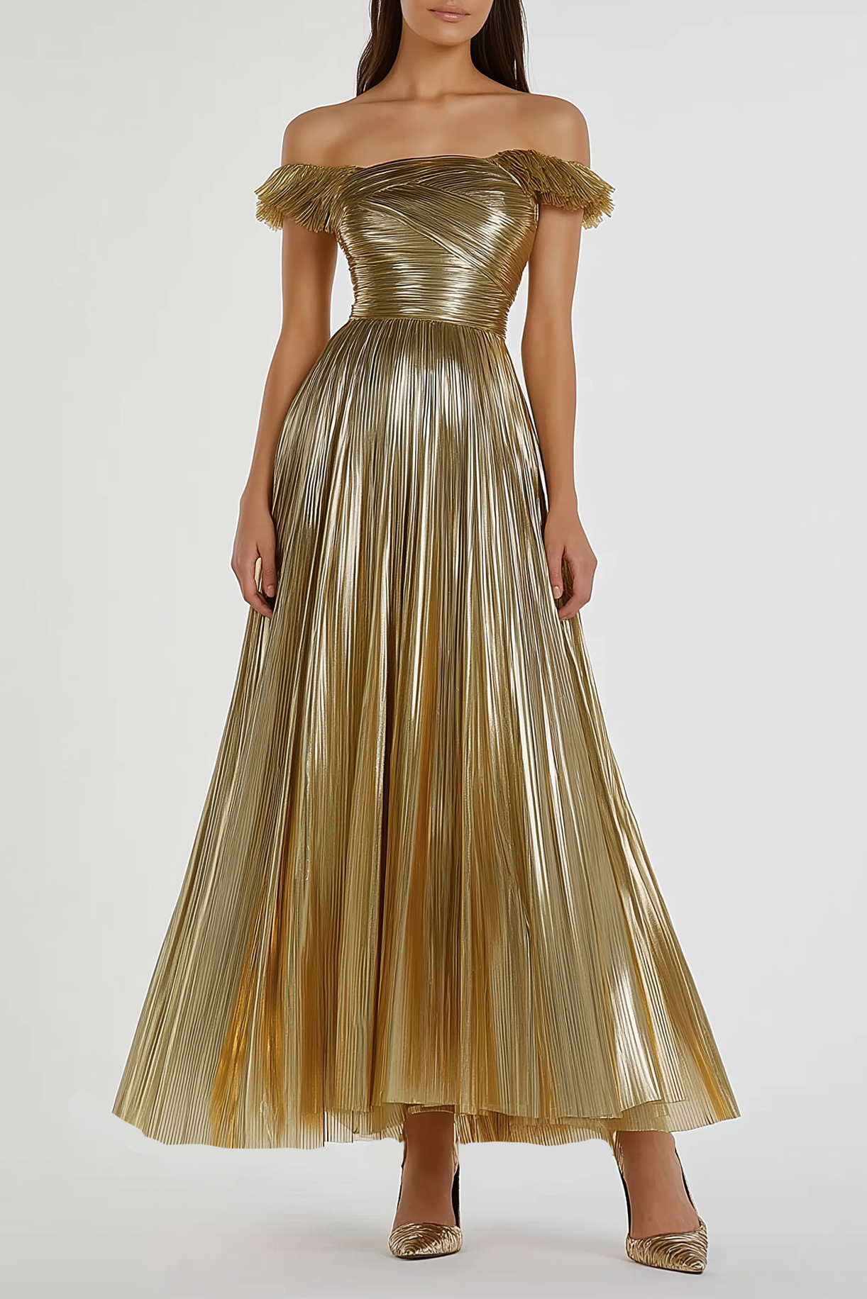 Formal Evening Dress Gold Pleated Metallic Off-Shoulder Maxi Dress