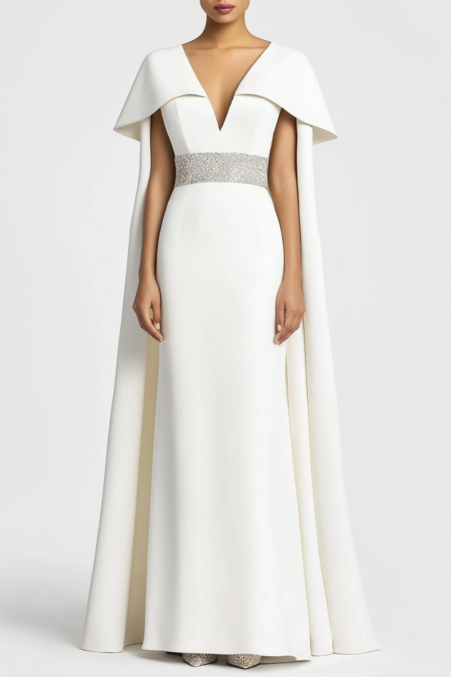 Formal Evening Dress White Deep V with Cape and Rhinestone Belt Maxi D