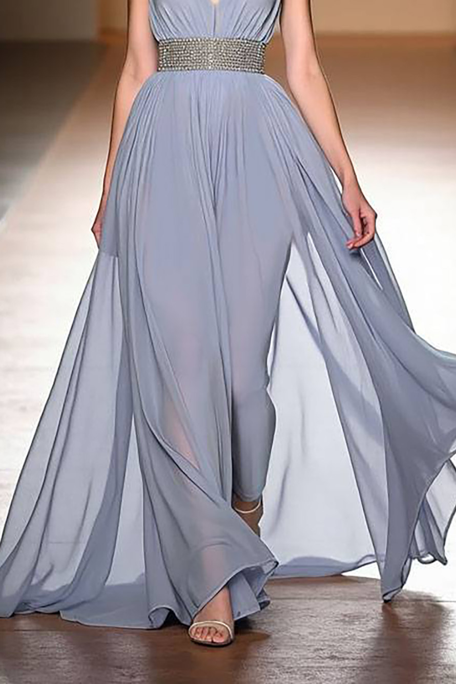 Party Dress Light Blue Deep V Chiffon Sleeveless Maxi Dress