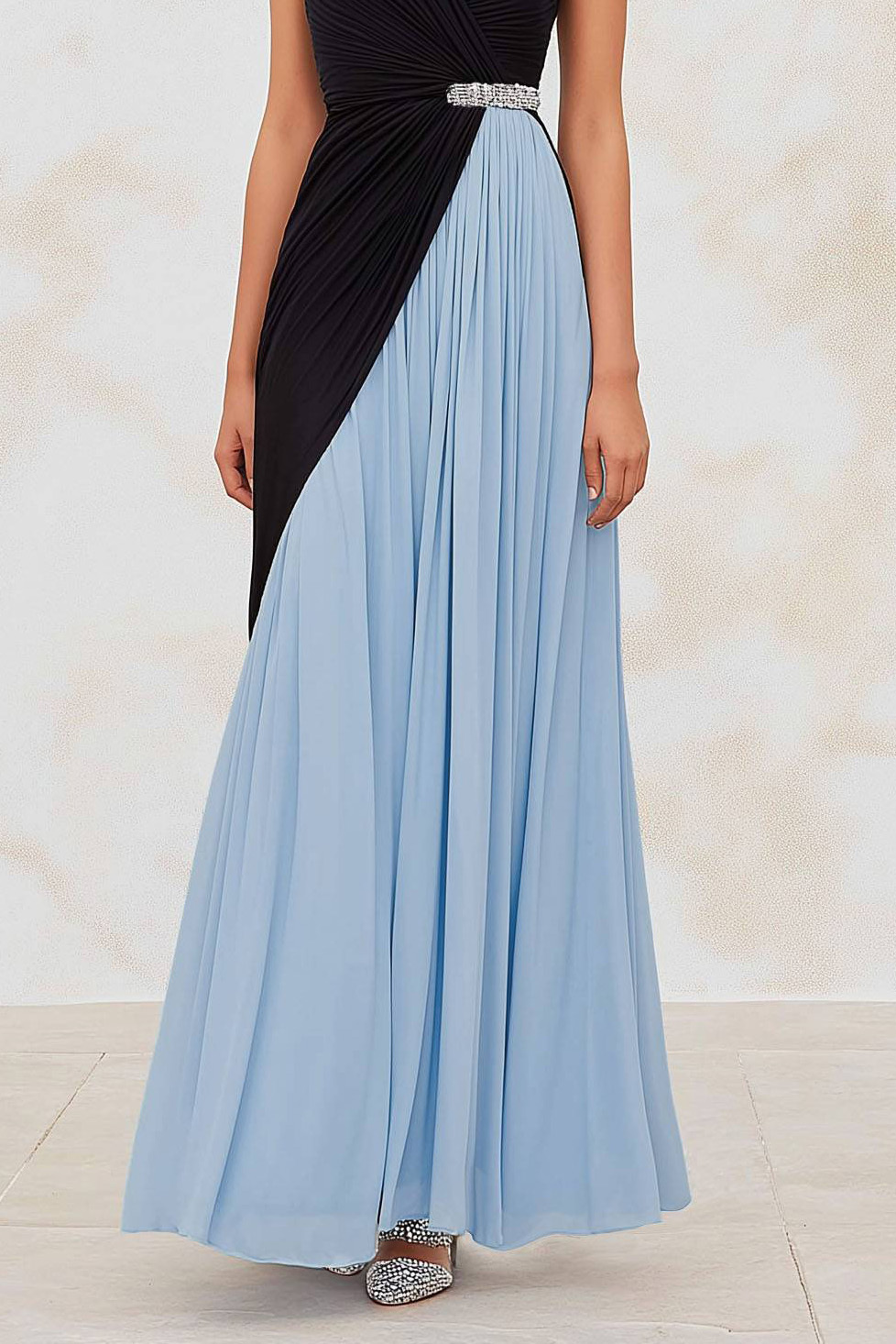 Semi-Formal Party Dress Black Blue One-Shoulder Pleated Maxi Dress