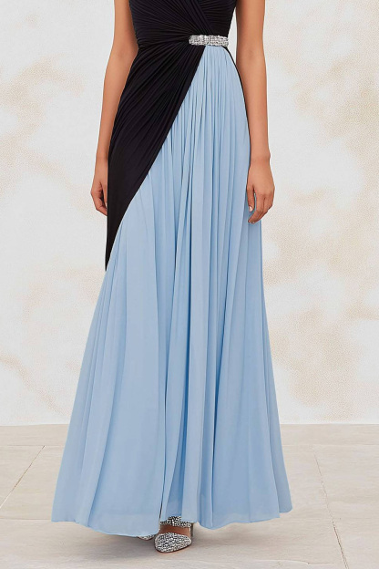 Semi-Formal Party Dress Black Blue One-Shoulder Pleated Maxi Dress