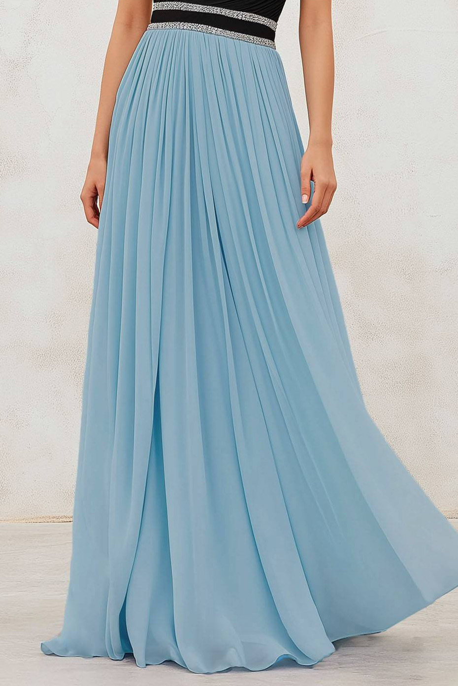 Formal Dress Black Blue One-Shoulder Sleeveless Chiffon Pleated Maxi Dress