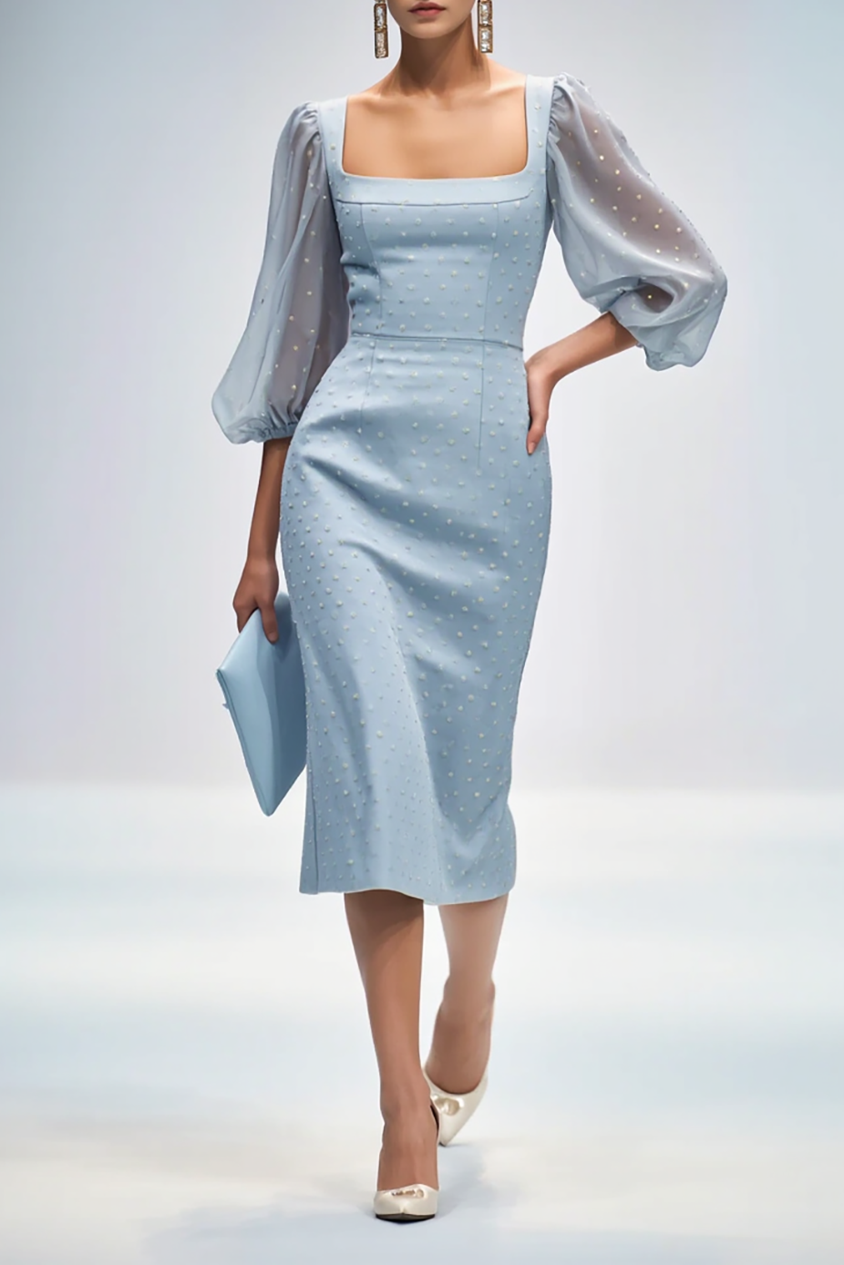 Casual Semi-Formal Dress Light Blue Square Neck Puff Sleeve Pearl Midi Dress
