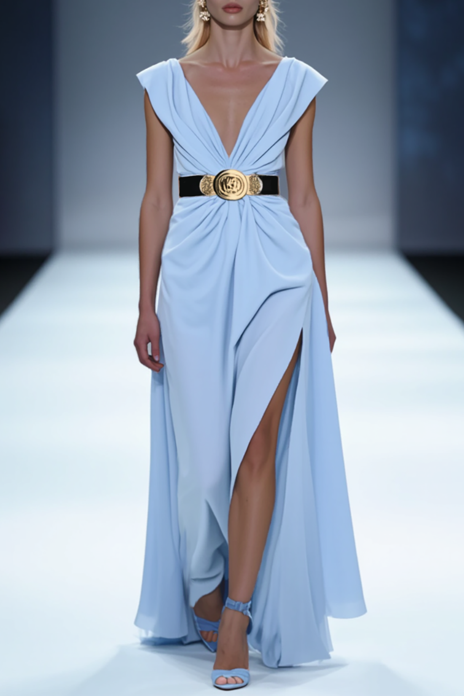 Formal Dress Light Blue Deep V-Neck Sleeveless Belt Slit Maxi Dress