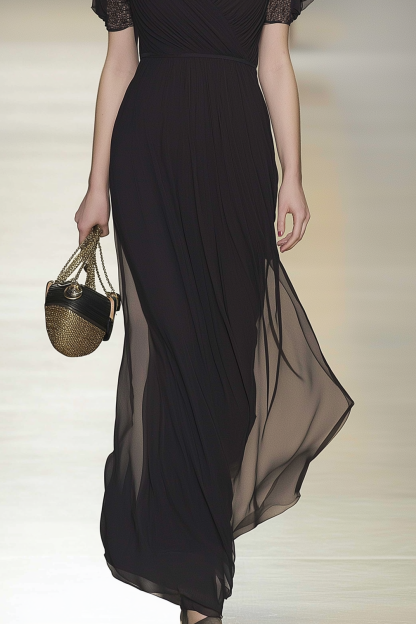 Semi-Formal Party Dress Black V-Neck Chiffon Maxi Dress