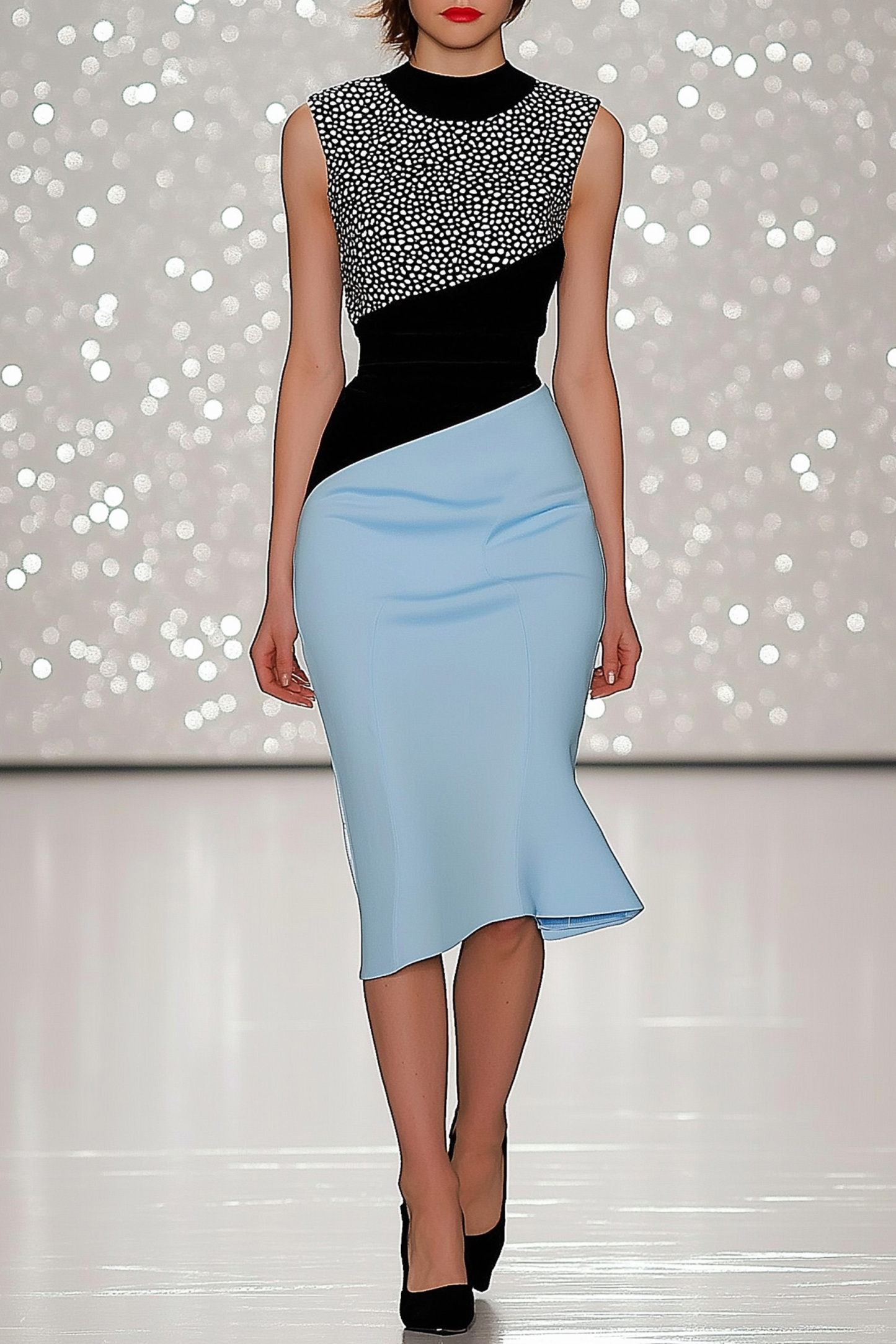 Cocktail Party Dress Black Blue Round Neck Sleeveless Mesh Midi Dress