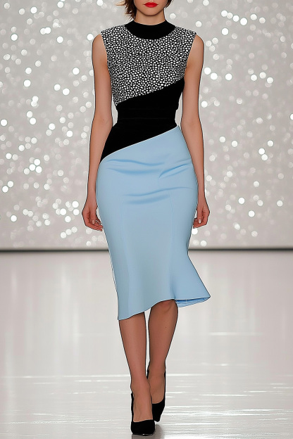 Cocktail Party Dress Black Blue Round Neck Sleeveless Mesh Midi Dress