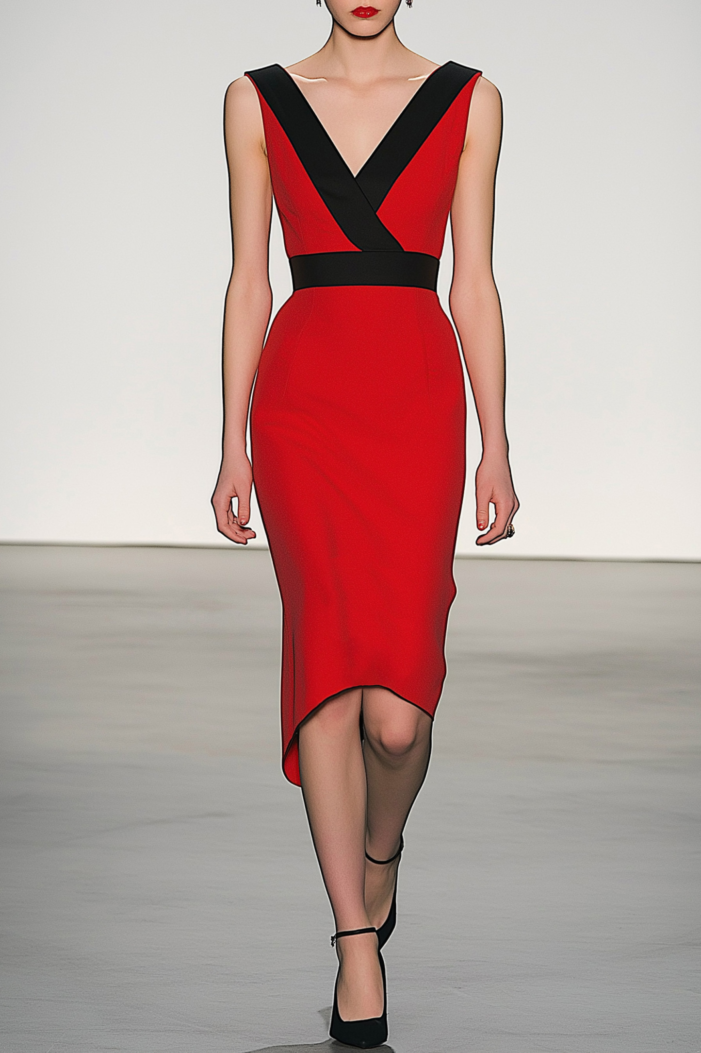 Semi-Formal Party Dress Black Red V-Neck Sleeveless Fitted Midi Dress
