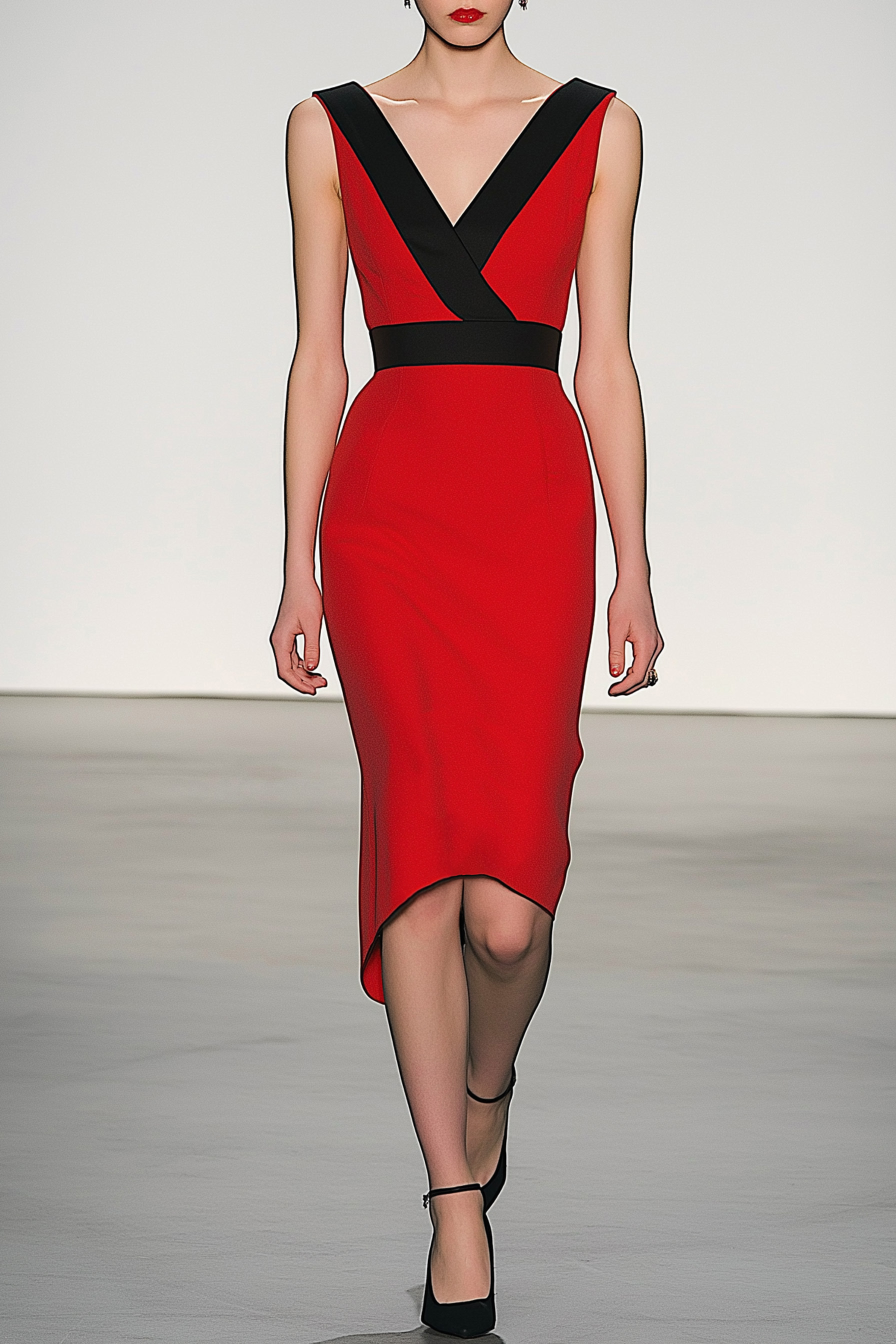 Semi-Formal Party Dress Black Red V-Neck Sleeveless Fitted Midi Dress