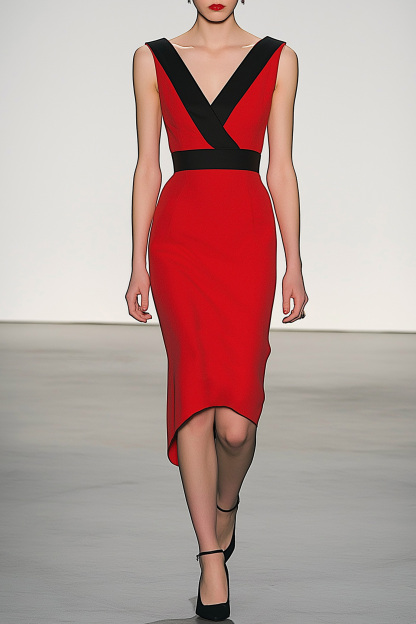 Semi-Formal Party Dress Black Red V-Neck Sleeveless Fitted Midi Dress