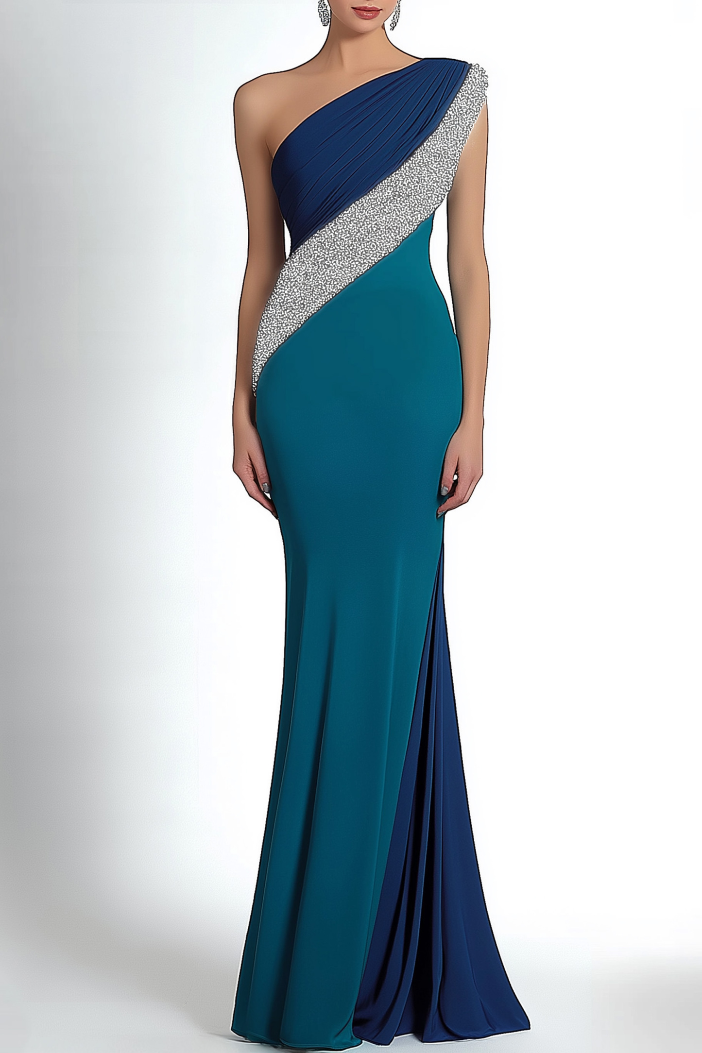 Formal Dress Blue Green One-Shoulder Silver Accented Floor-Length Gown