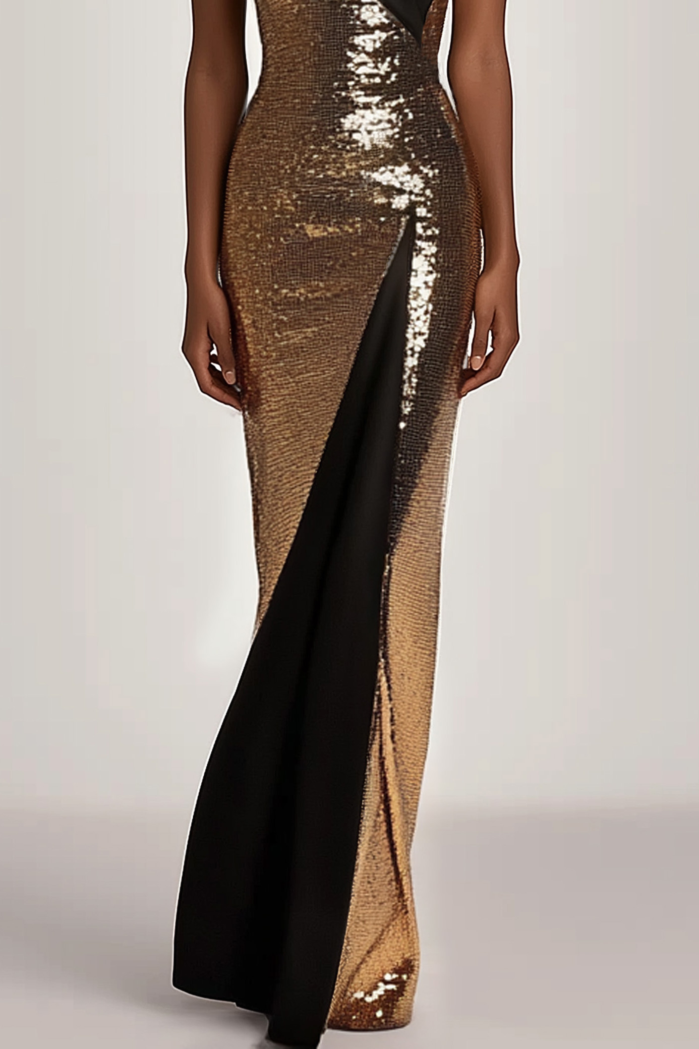 Evening Sequin Dress Black Gold Colorblock V-neck Sleeveless Maxi Gown