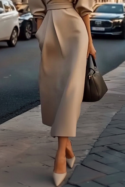 Work Semi-Formal Dress Light Brown Cross Neck Puff Sleeve Pocket Midi Dress